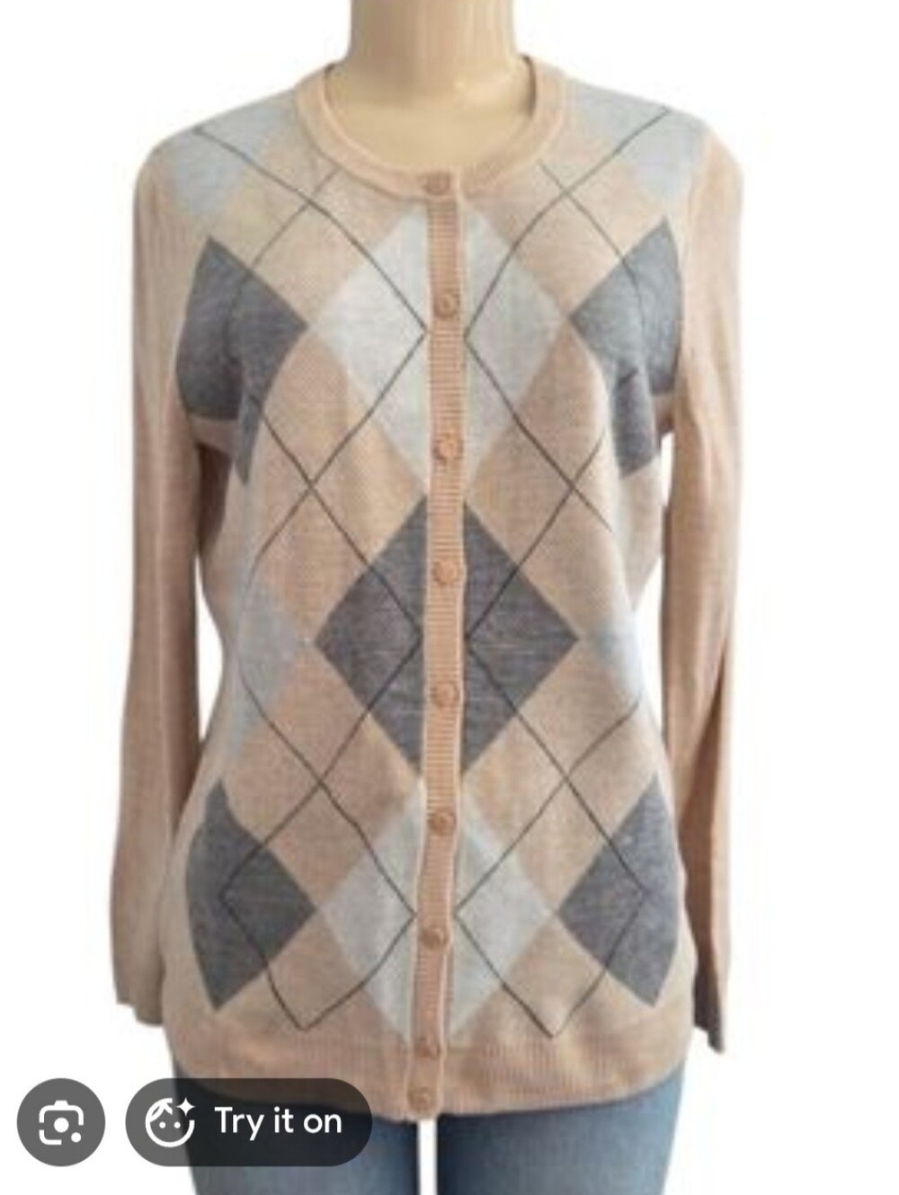 croft & barrow Womens Sweater L Beige Gray Argyle Button-Front Cardigan